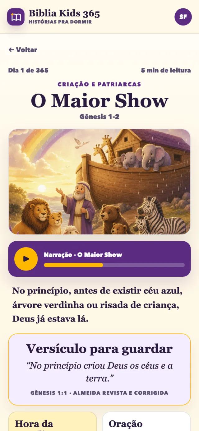 Tela real da historinha do dia com ilustração, áudio e versículo